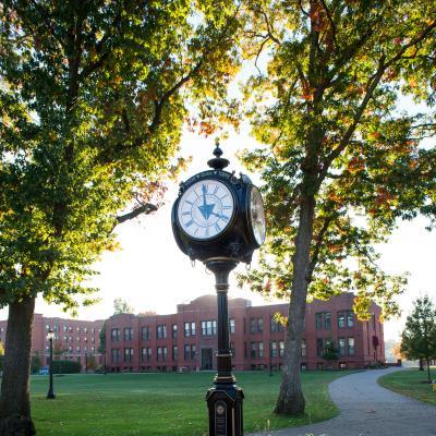 Springfield College clock on the campus green